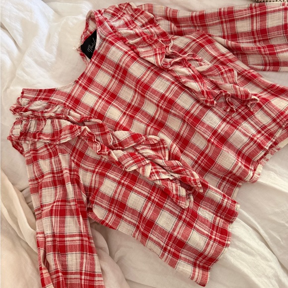 Tops - Red and White Plaid Ruffle Blouse